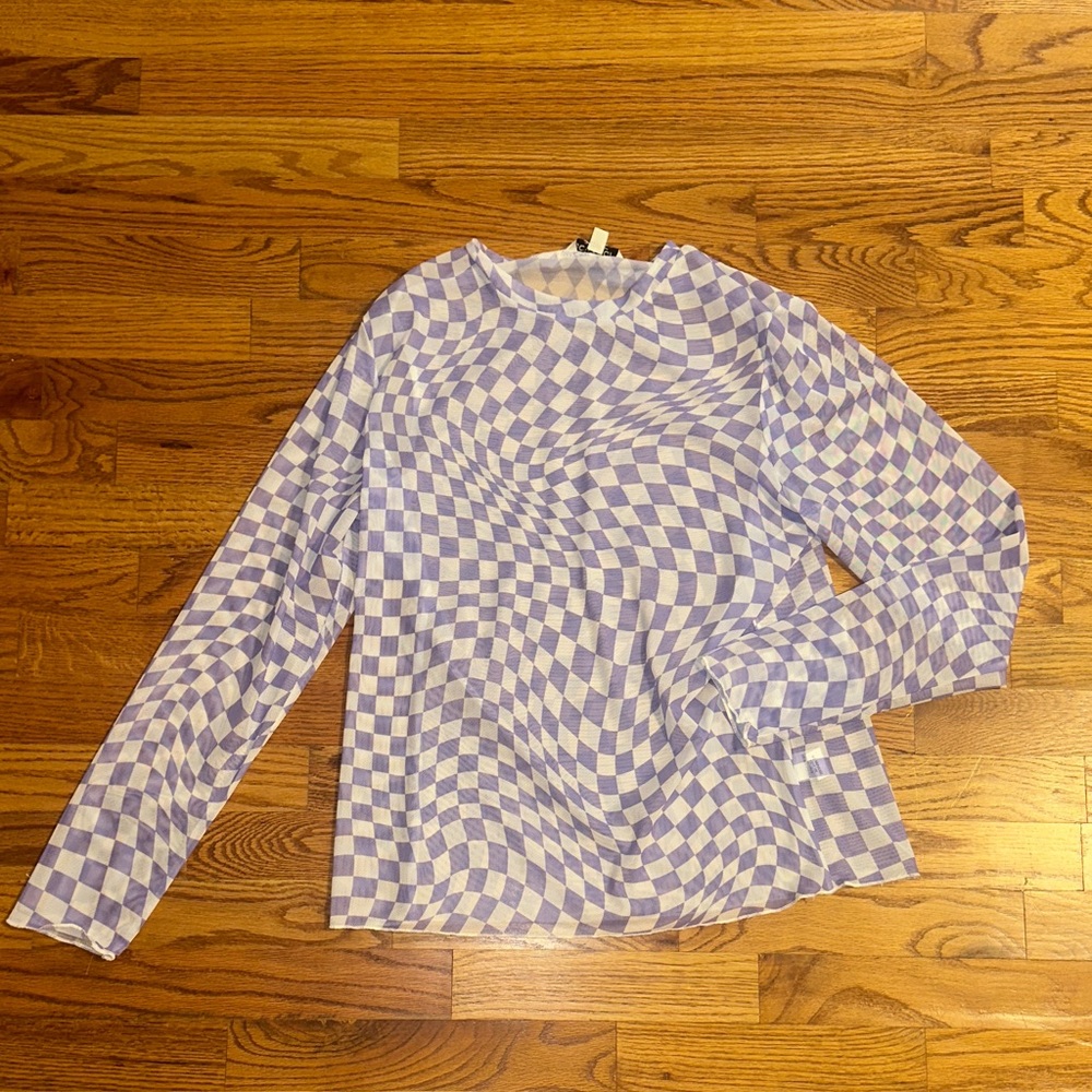 DAVI & DANI Lavender and White Mesh Plaid Blouse